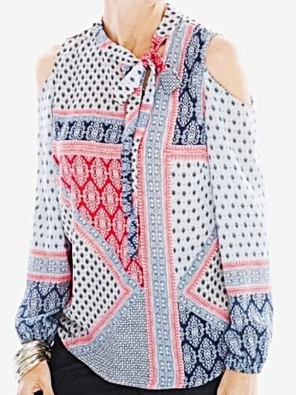 Chico's Bohemian Elements Cold-Shoulder Tie-Neck Blue/ Red Scarf top size 1 NWT
